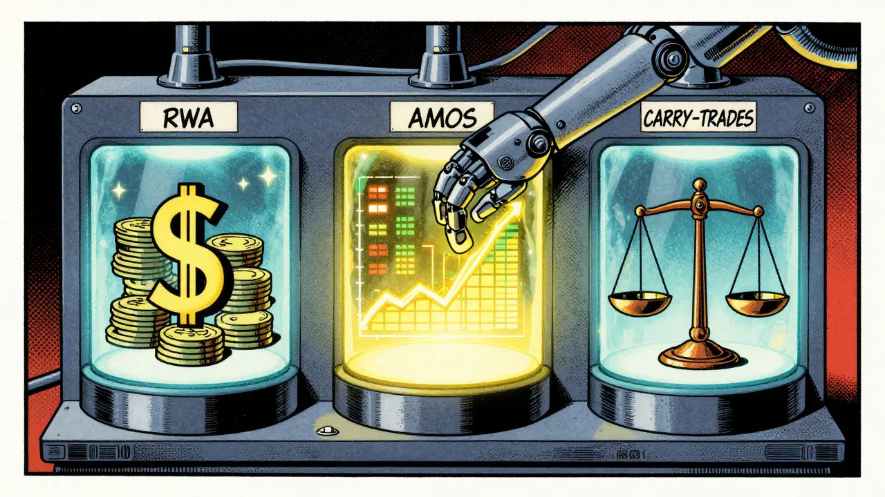 A comic book machine switching between Treasury bills, algorithms, and carry-trades