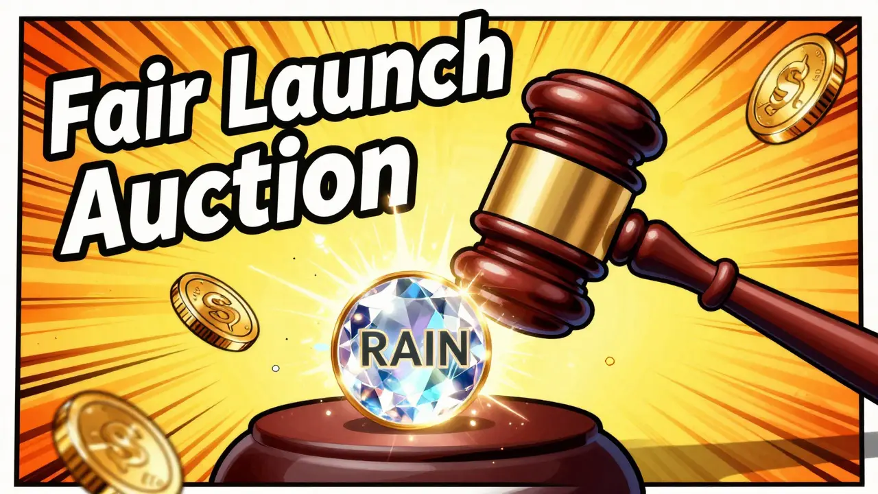 A digital auction hammer striking a glowing RAIN token with explosive sparks