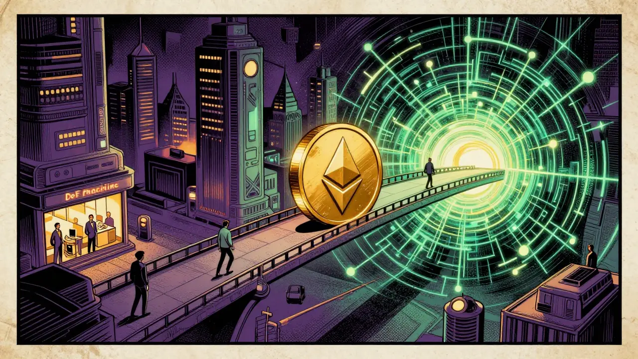 A digital bridge connecting merchants to a blockchain vortex in vintage comic art