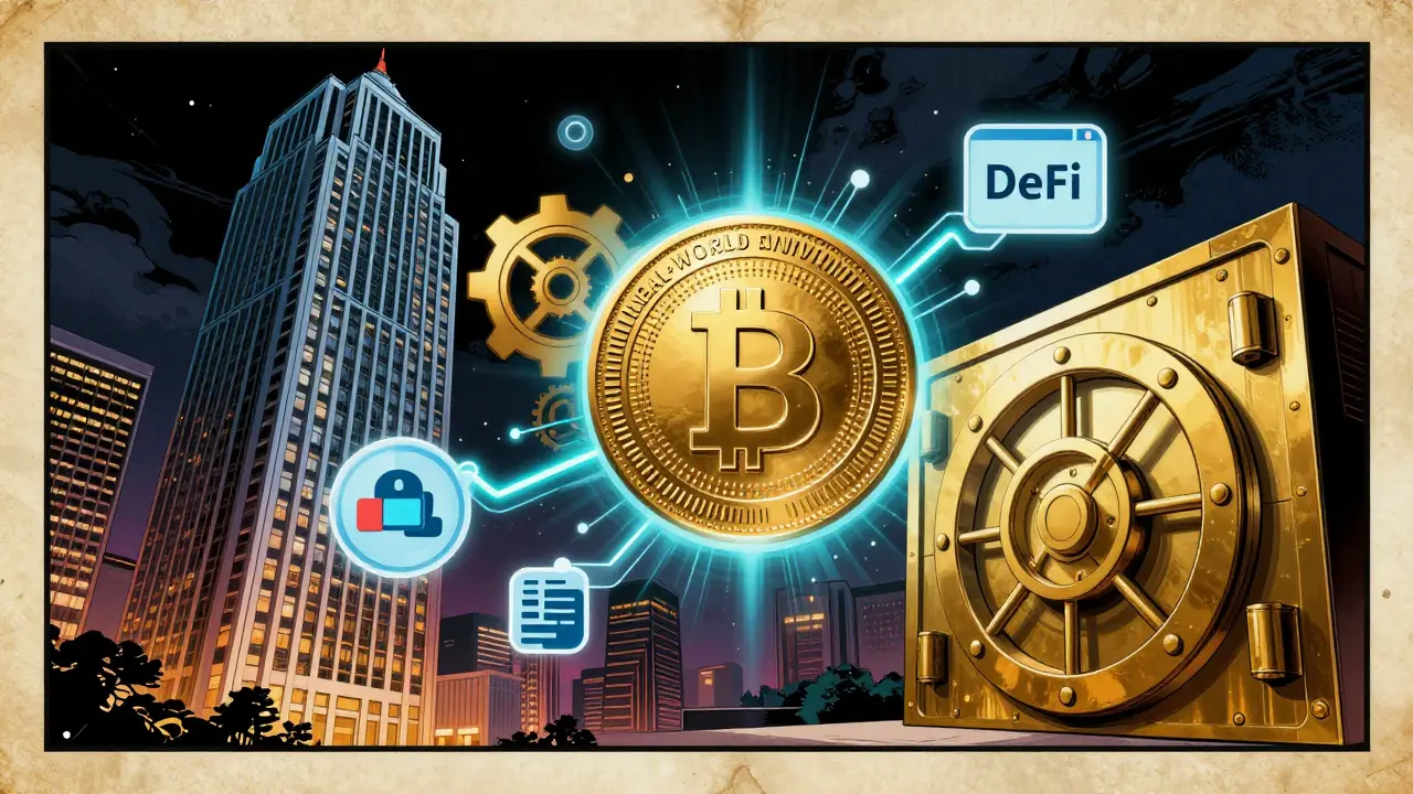 A digital token absorbing a skyscraper and gold vault to represent real-world asset tokenization.
