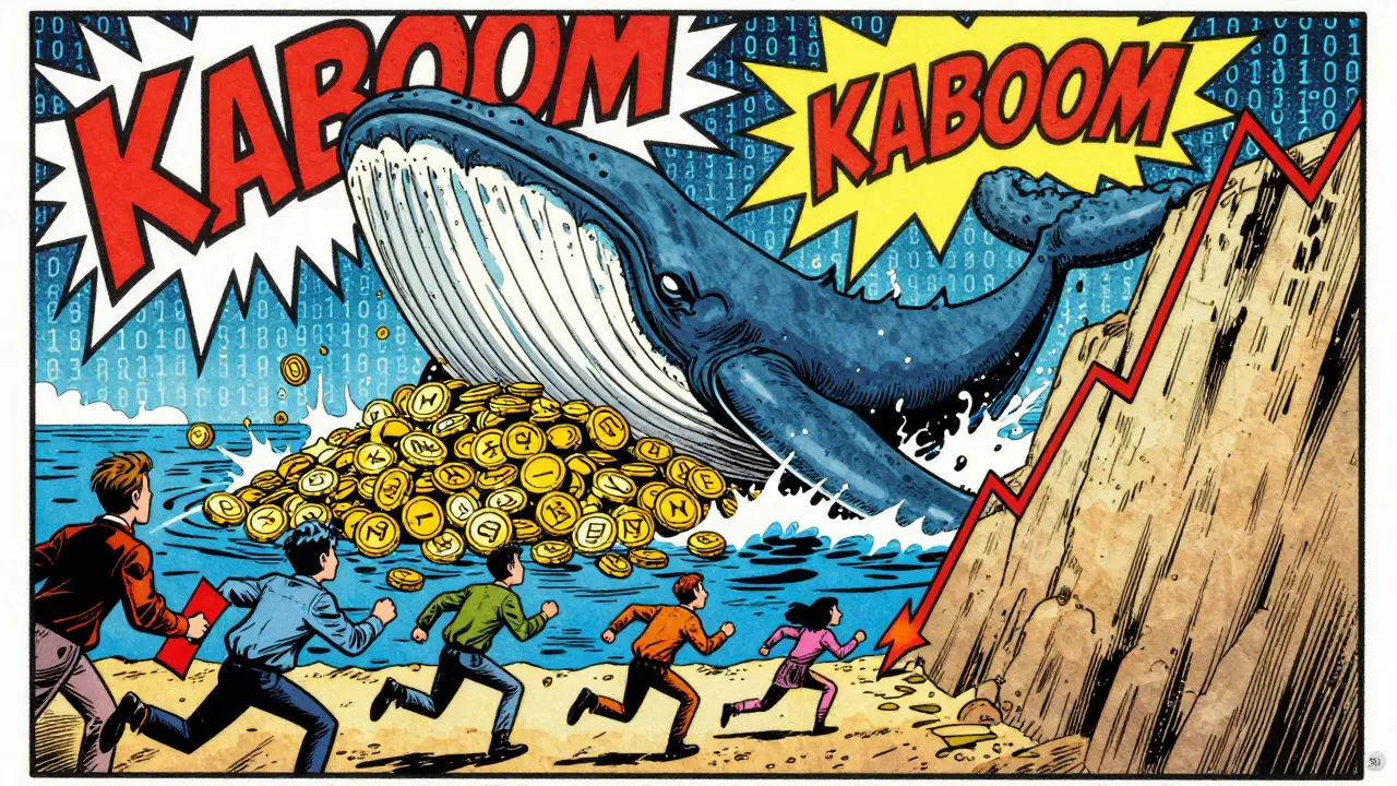 A giant digital whale controlling a hoard of tokens in vintage comic book art.
