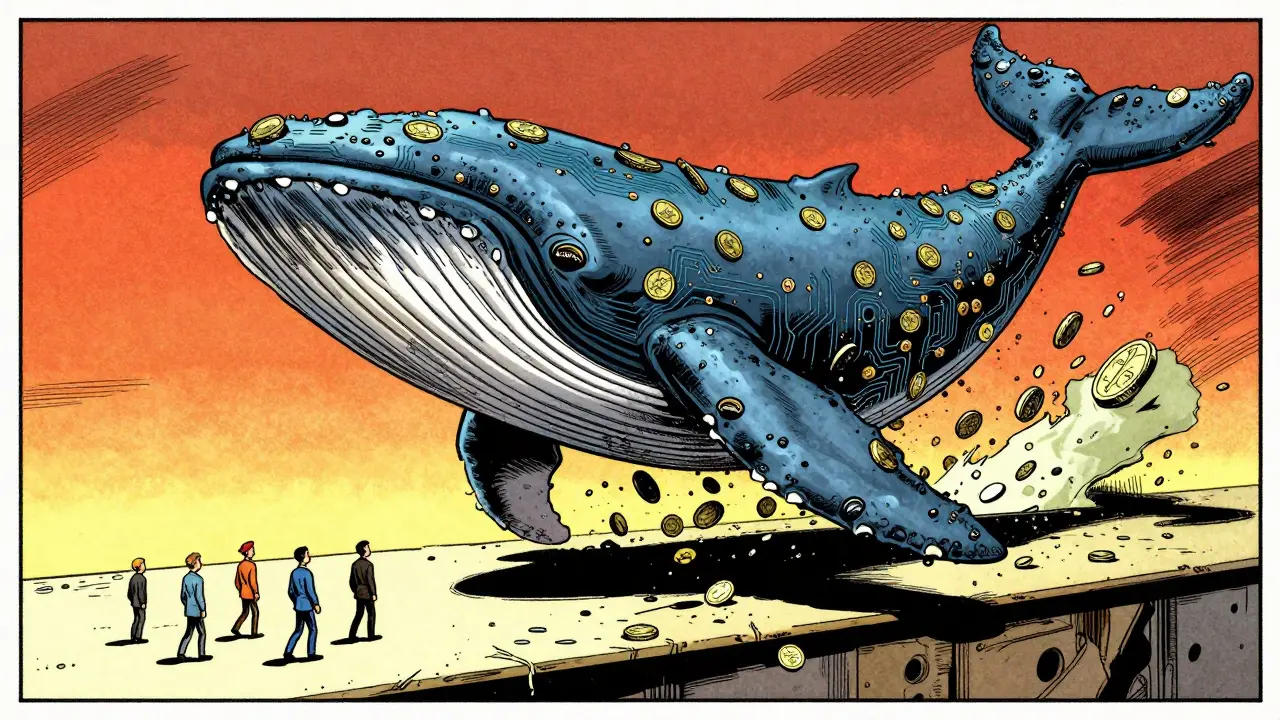 A giant mechanical whale looming over small investors in vintage comic style