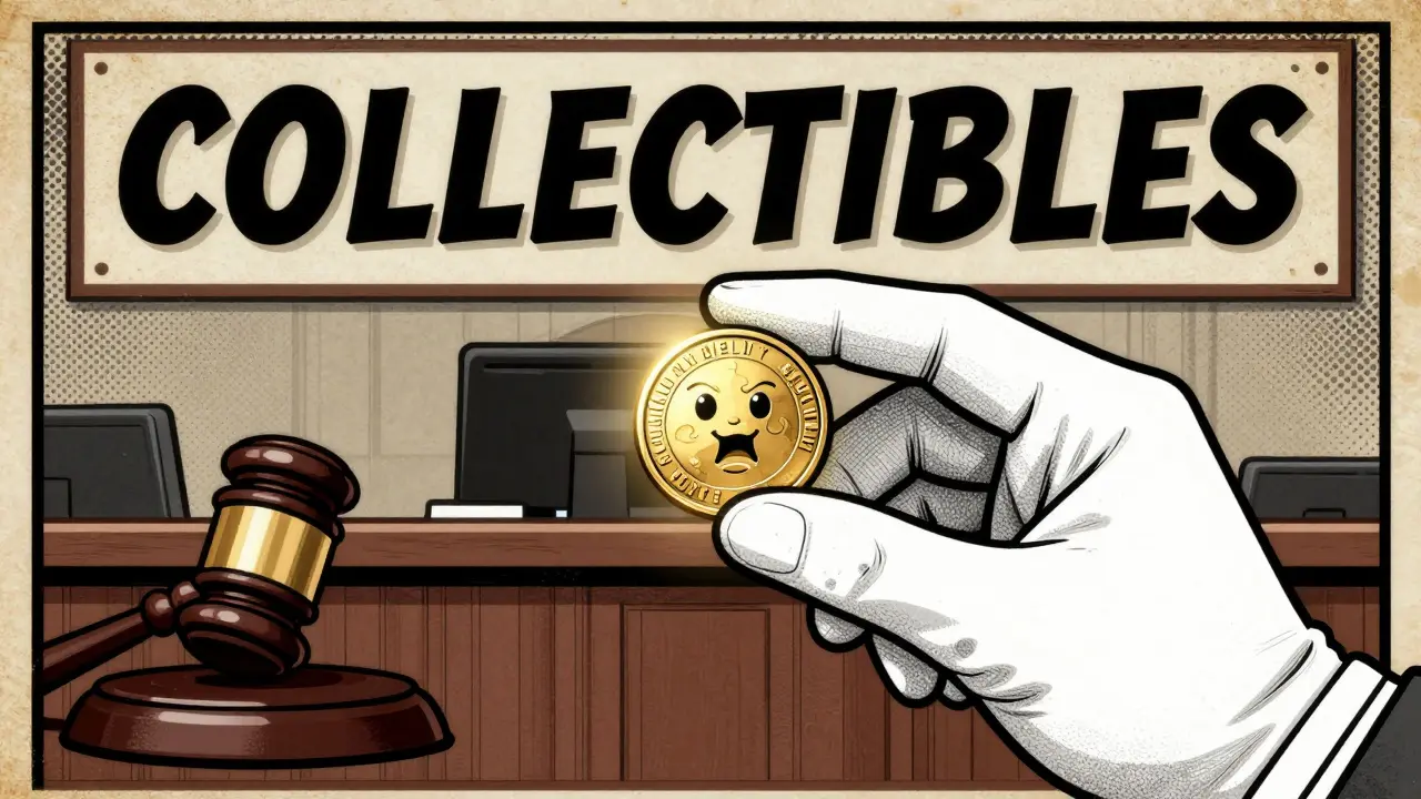 A glowing memecoin held like a collectible item in a vintage comic book scene.