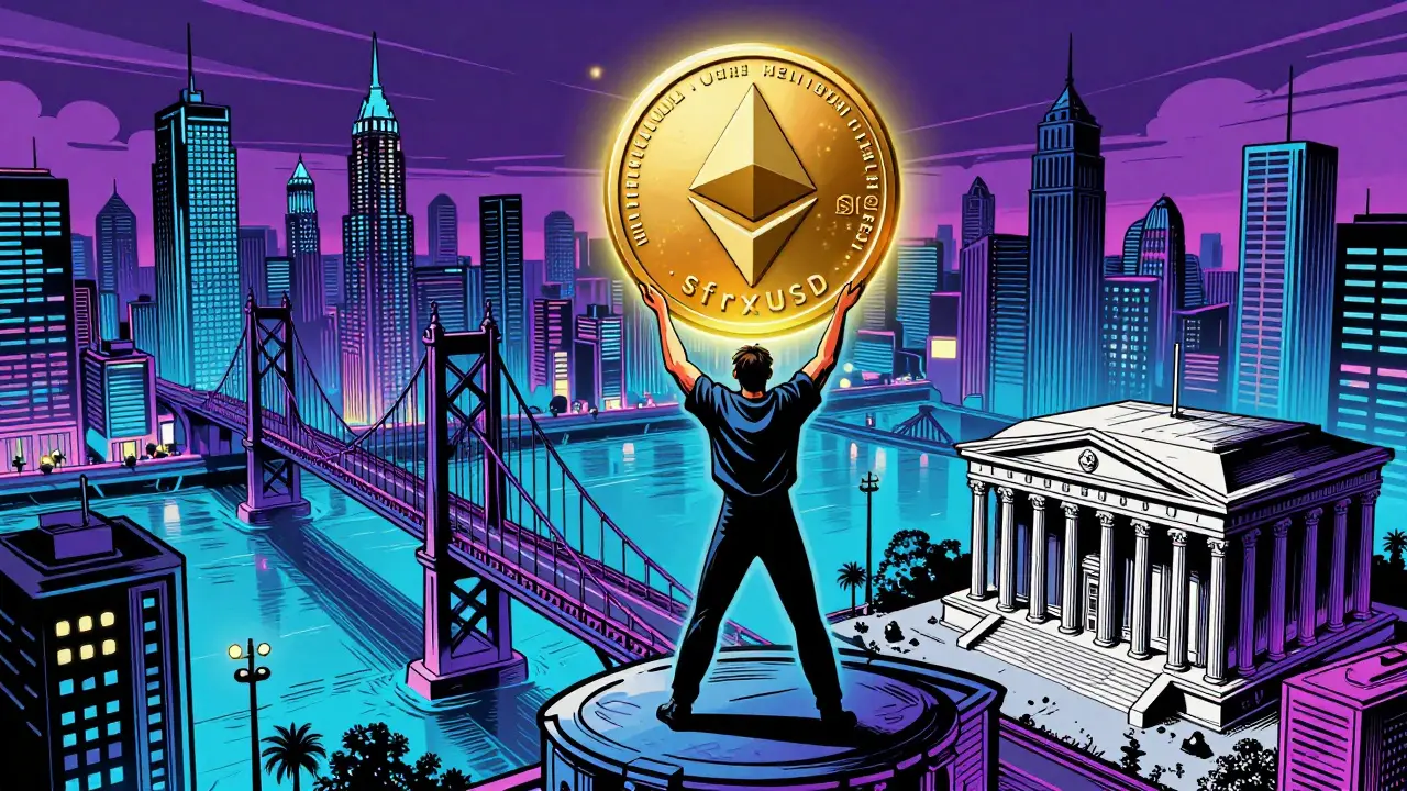 A glowing sfrxUSD token in a neon Ethereum city connected to a treasury building