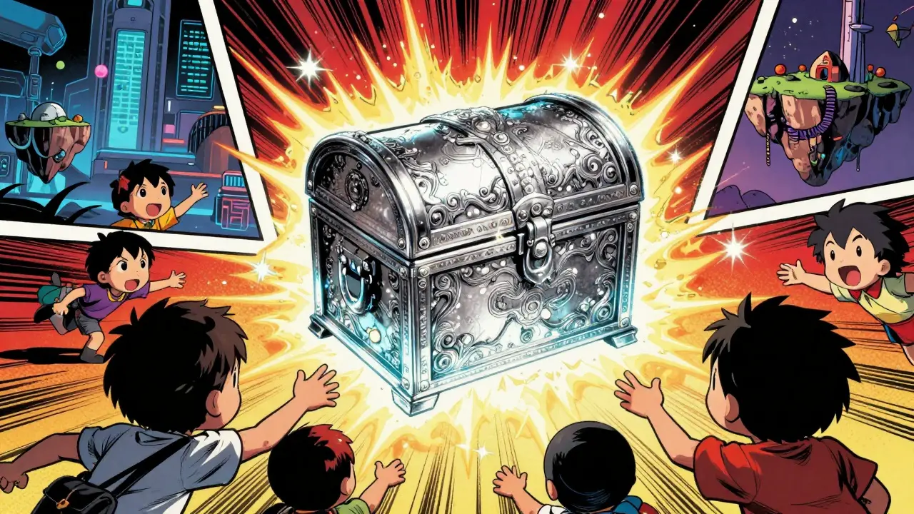 A glowing Silver Chest loot box surrounded by excited chibi characters.