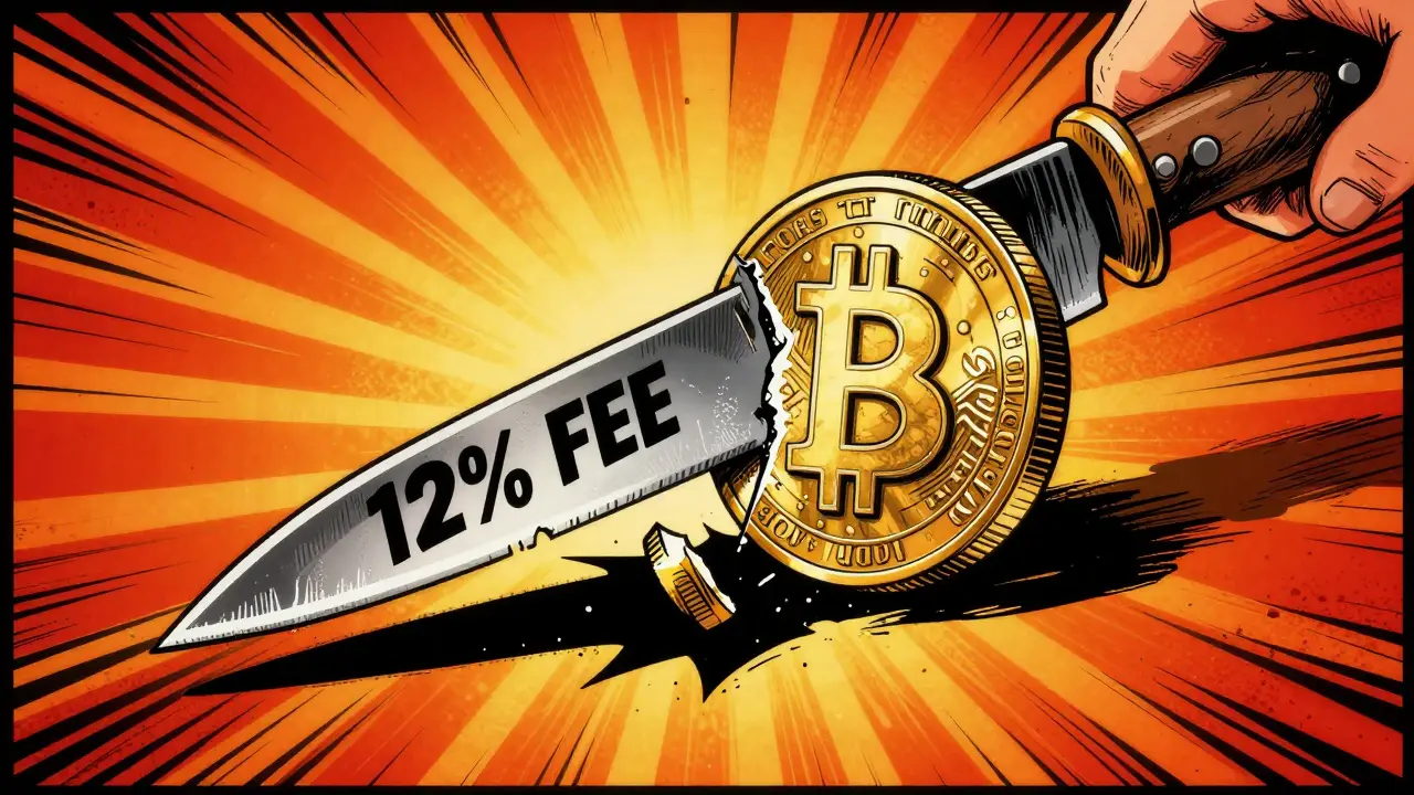 A gold coin being cut in half by a blade representing a 12 percent fee