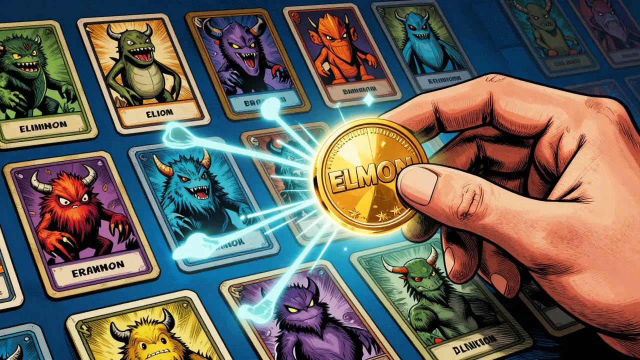 A hand holding a glowing ELMON token in a vintage comic style digital marketplace.