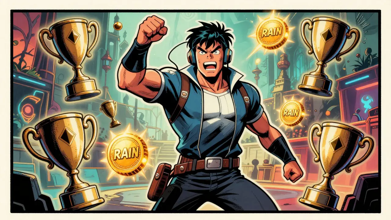 A heroic gamer character surrounded by glowing tokens and trophies in a comic style