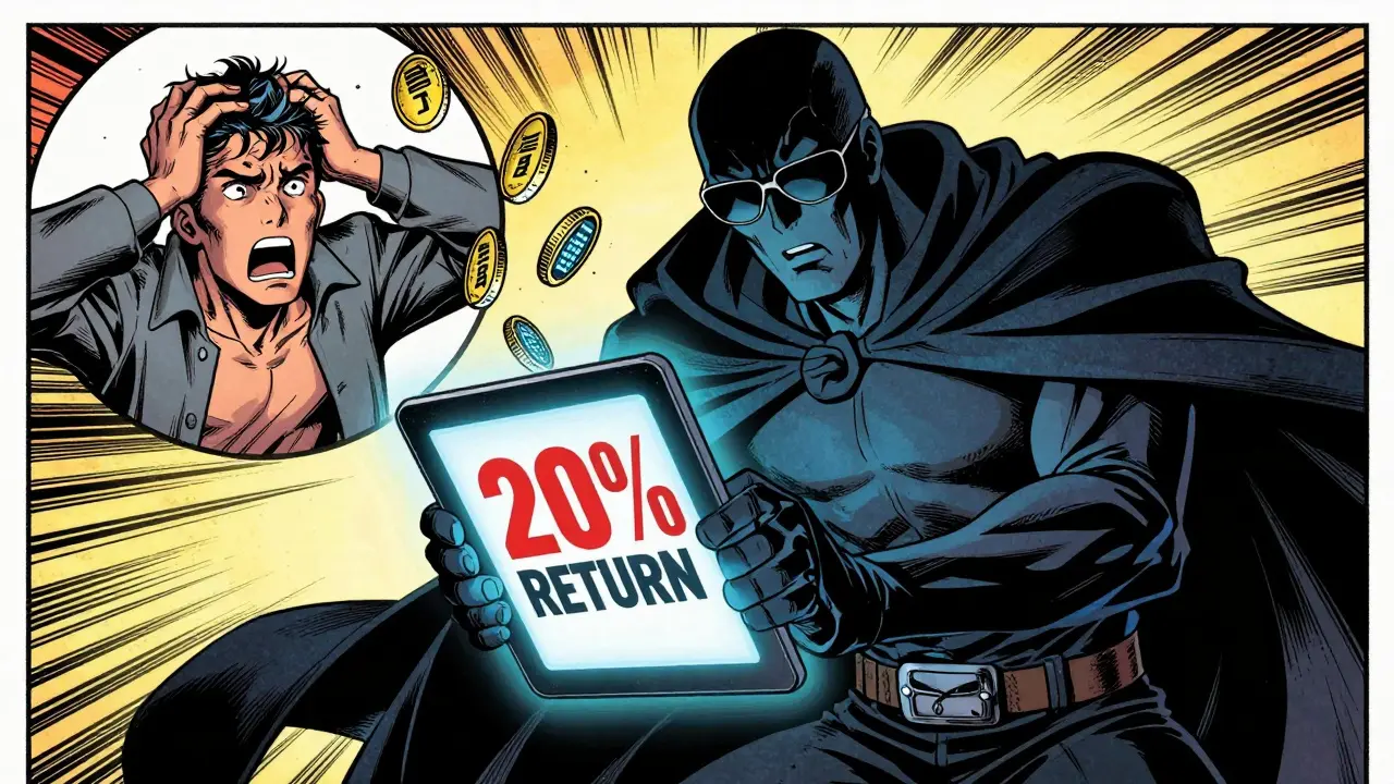 A mysterious scammer promising fake high returns while a victim loses their cryptocurrency.