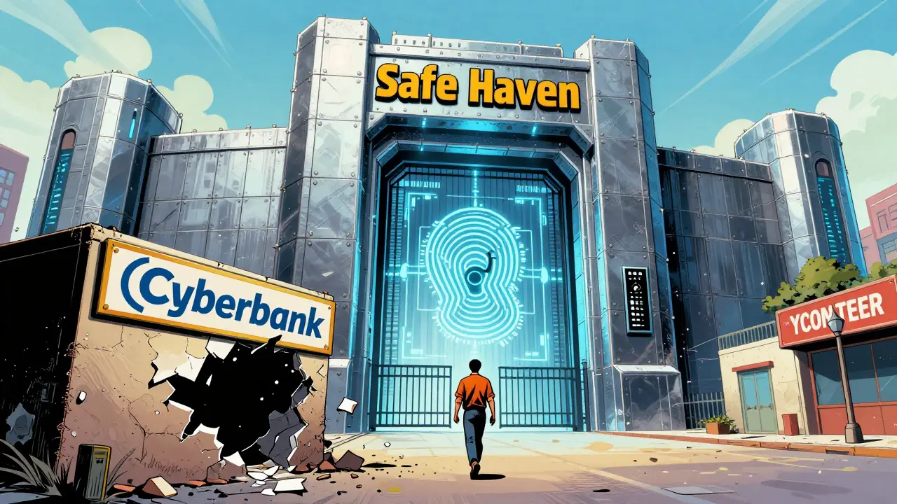 A secure digital fortress representing legitimate crypto exchanges contrasted with a fake facade.