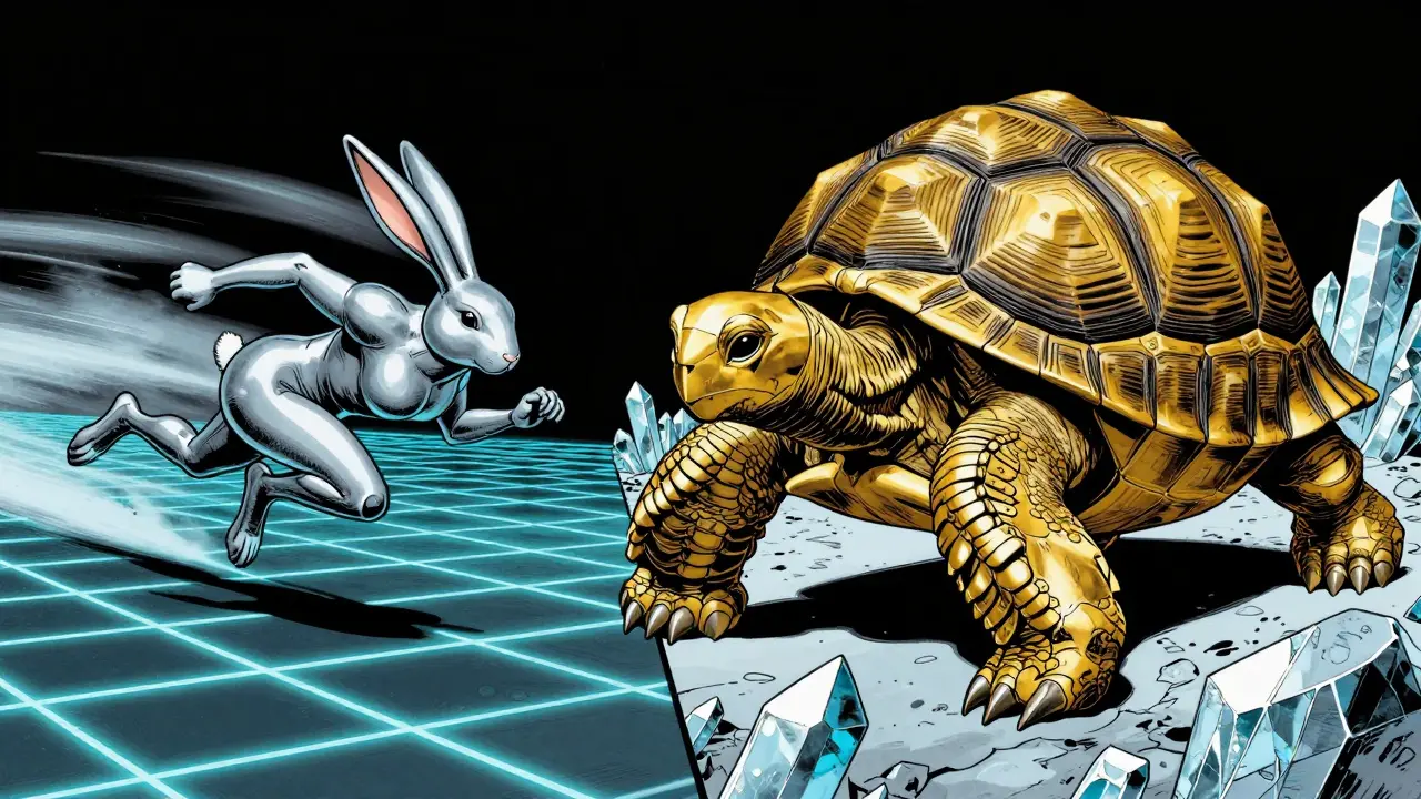 A silver hare and golden tortoise racing in a vintage comic book style