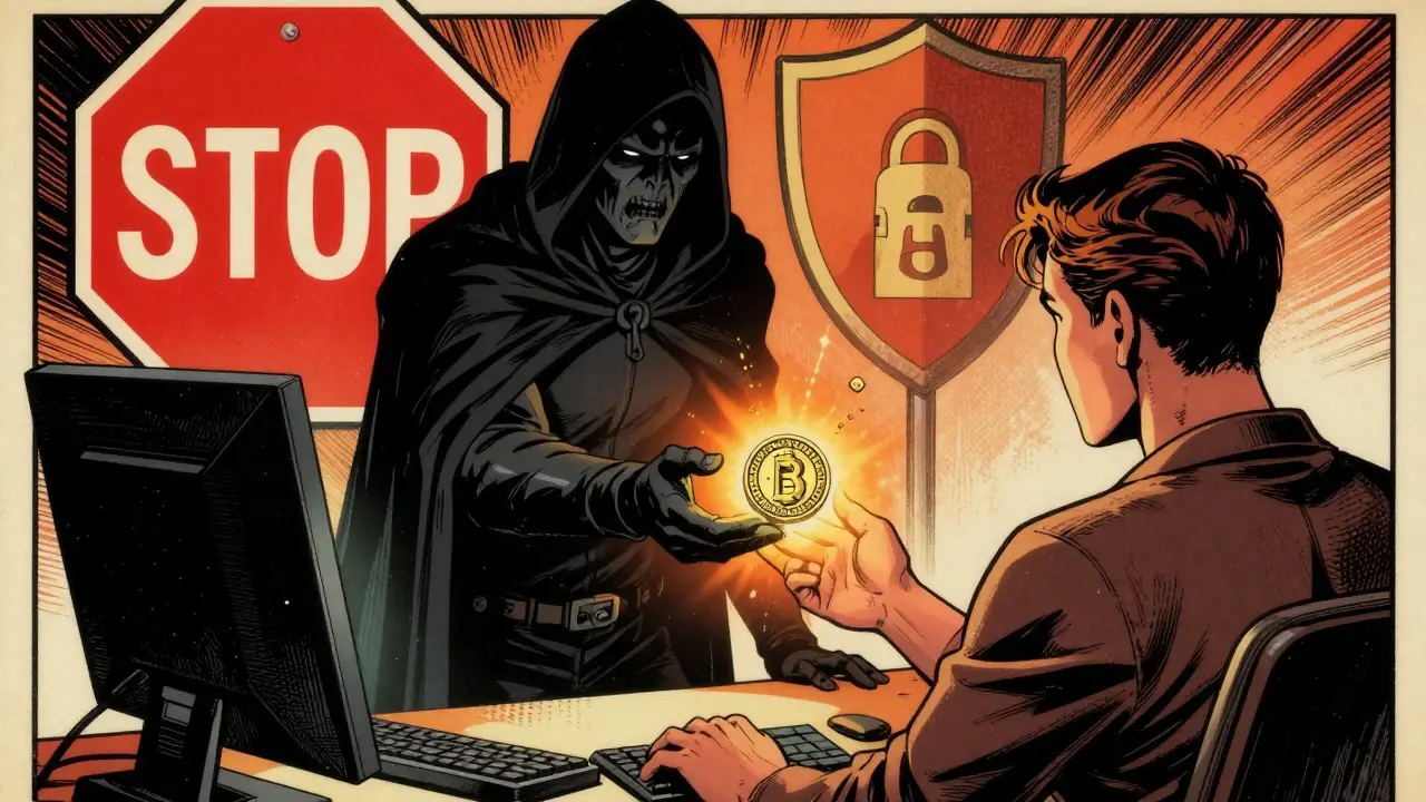 A sinister figure offering a fake coin to a user with a warning sign in vintage comic style