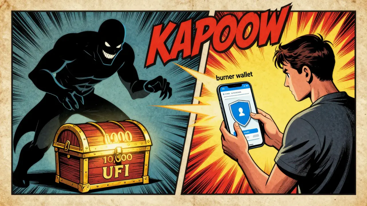 A split comic panel showing a phishing scammer versus a user using a secure burner wallet.