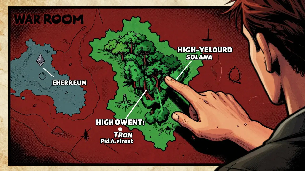 A strategic map showing different crypto risk zones in vintage comic style