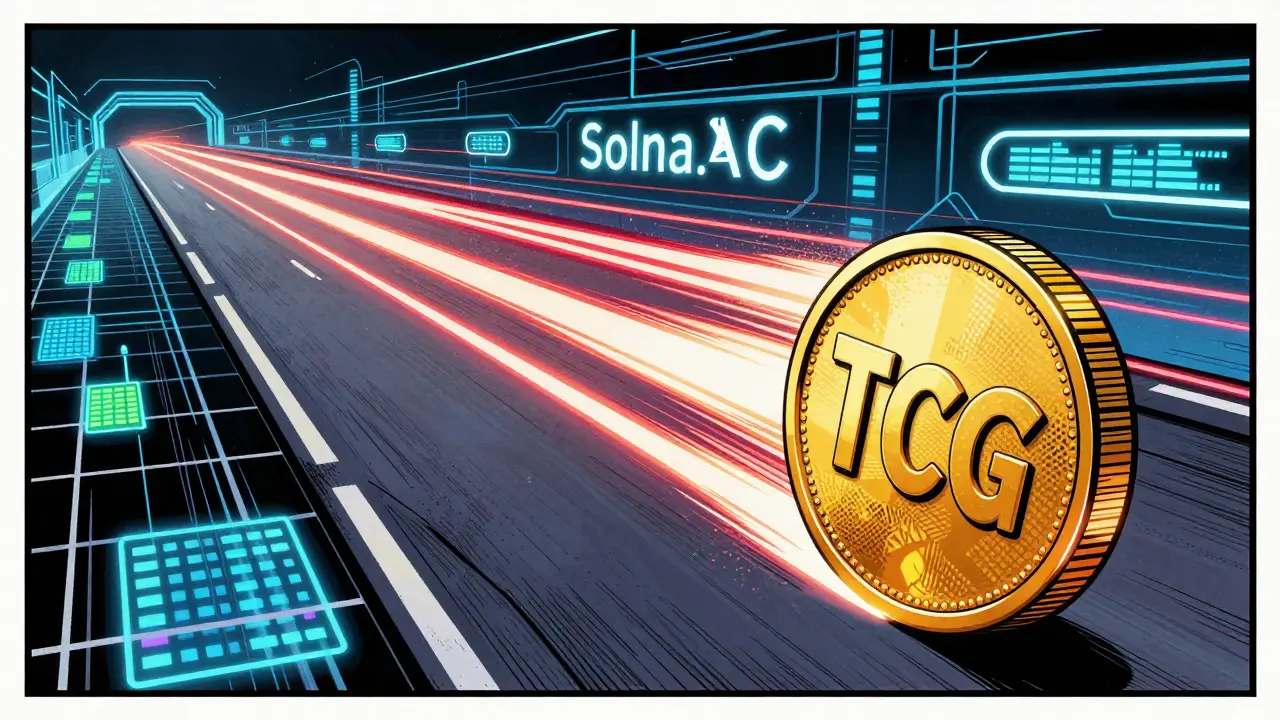 A TCG token speeding across a futuristic digital highway in vintage comic style