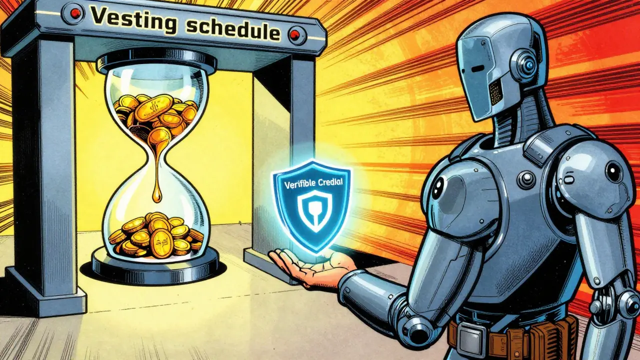 A user verifying their identity with a robotic sentinel next to a token vesting hourglass.