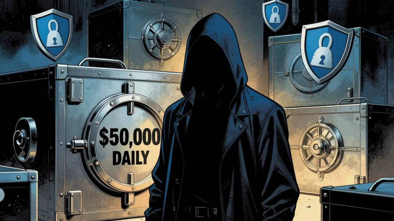 Anonymous figure at vault showing k daily withdrawal limit