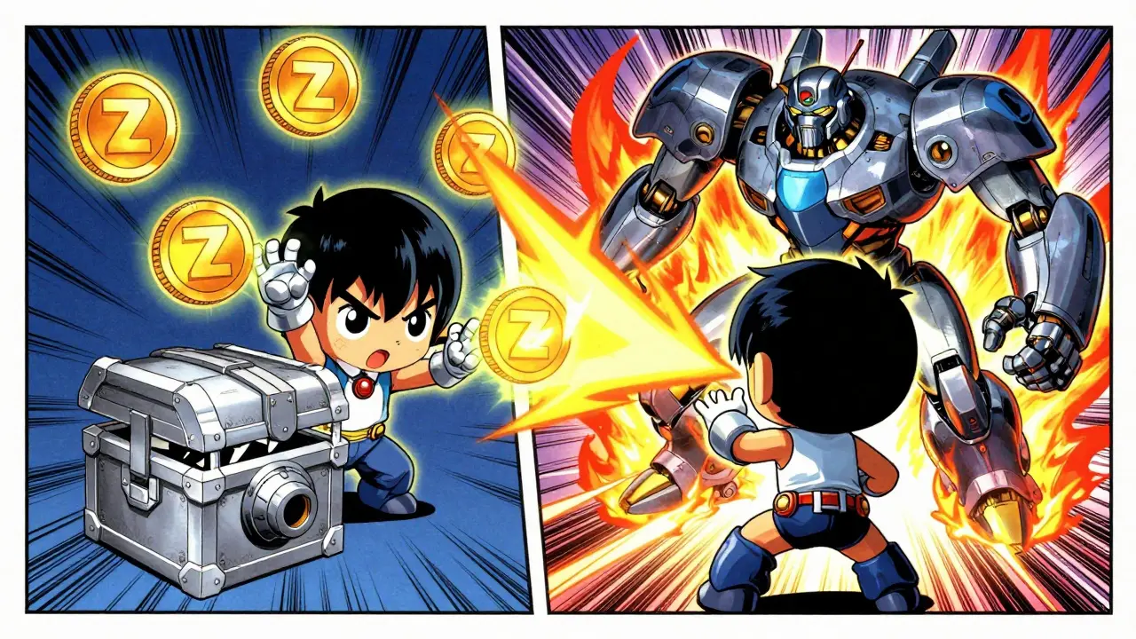 Chibi character upgrading gear with ZUKI tokens and fighting a giant robot boss.