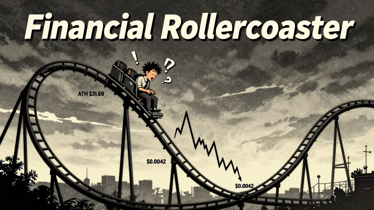 Comic book style image of a trader on a rollercoaster plummeting down a price chart.
