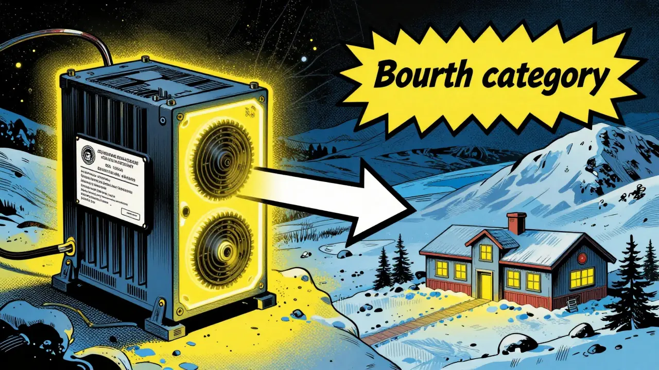 Comic illustration comparing a certified crypto miner to a heated home and hospital in winter