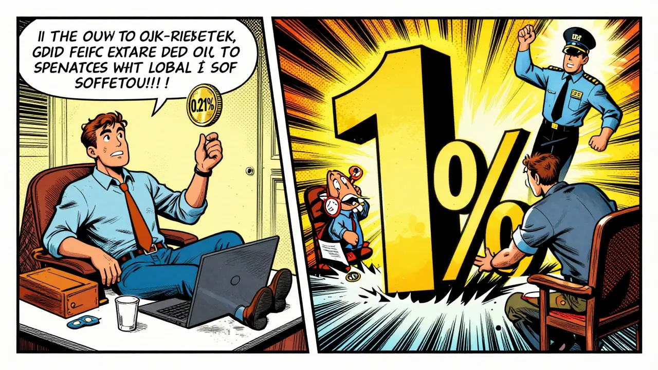 Comic illustration comparing the low tax of domestic exchanges versus high taxes on foreign platforms.