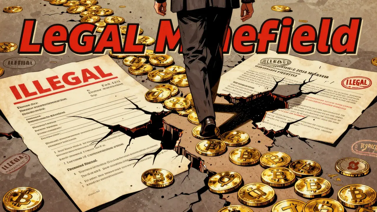 Comic illustration of a businessman stepping on crypto coins amidst legal warnings.