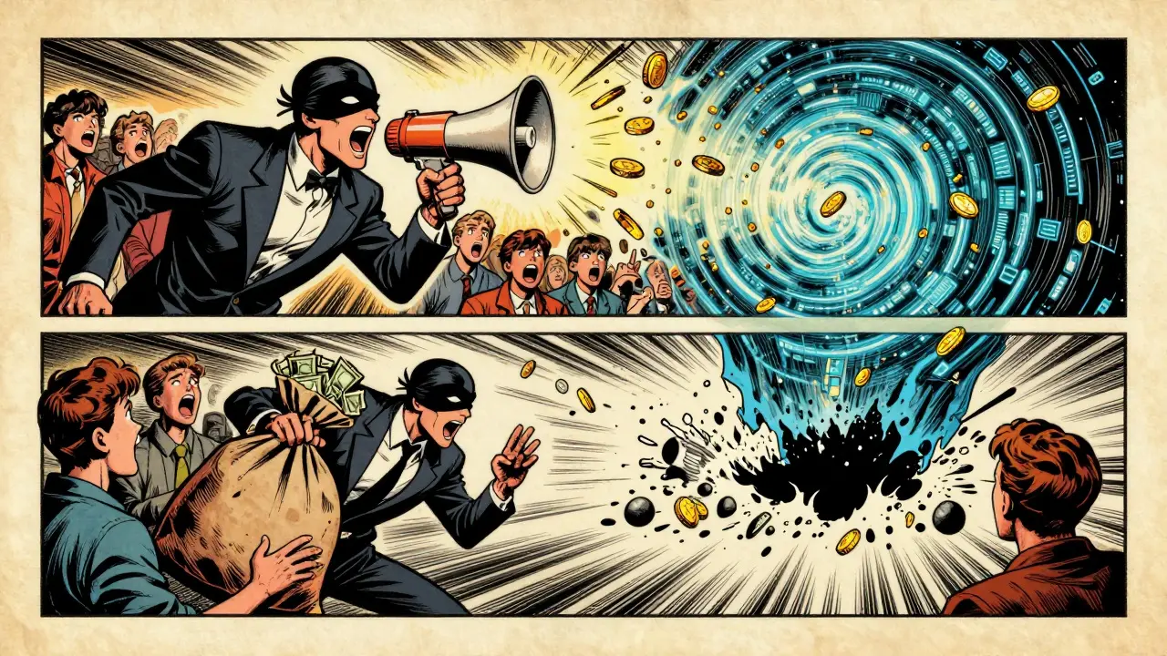 Comic illustration of a puppet master orchestrating a crypto pump and dump scheme.