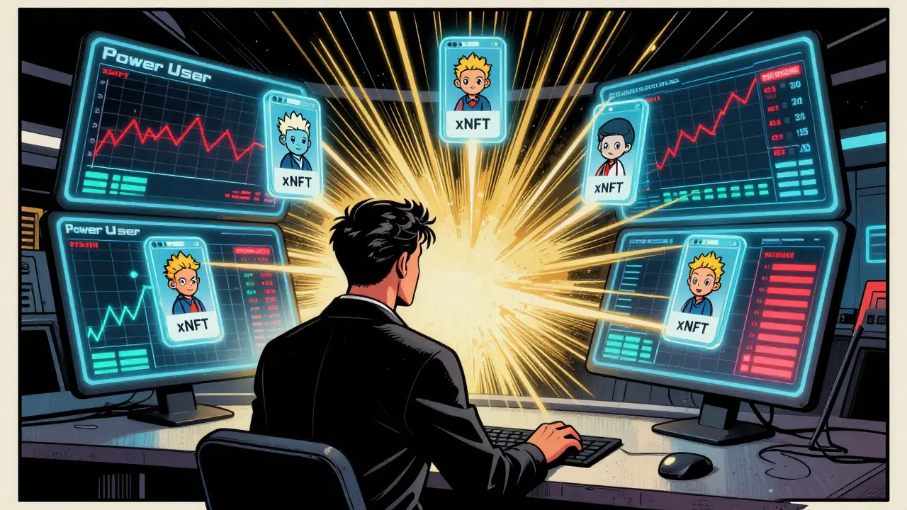 Comic illustration of a trader managing holographic charts and executable xNFT apps.
