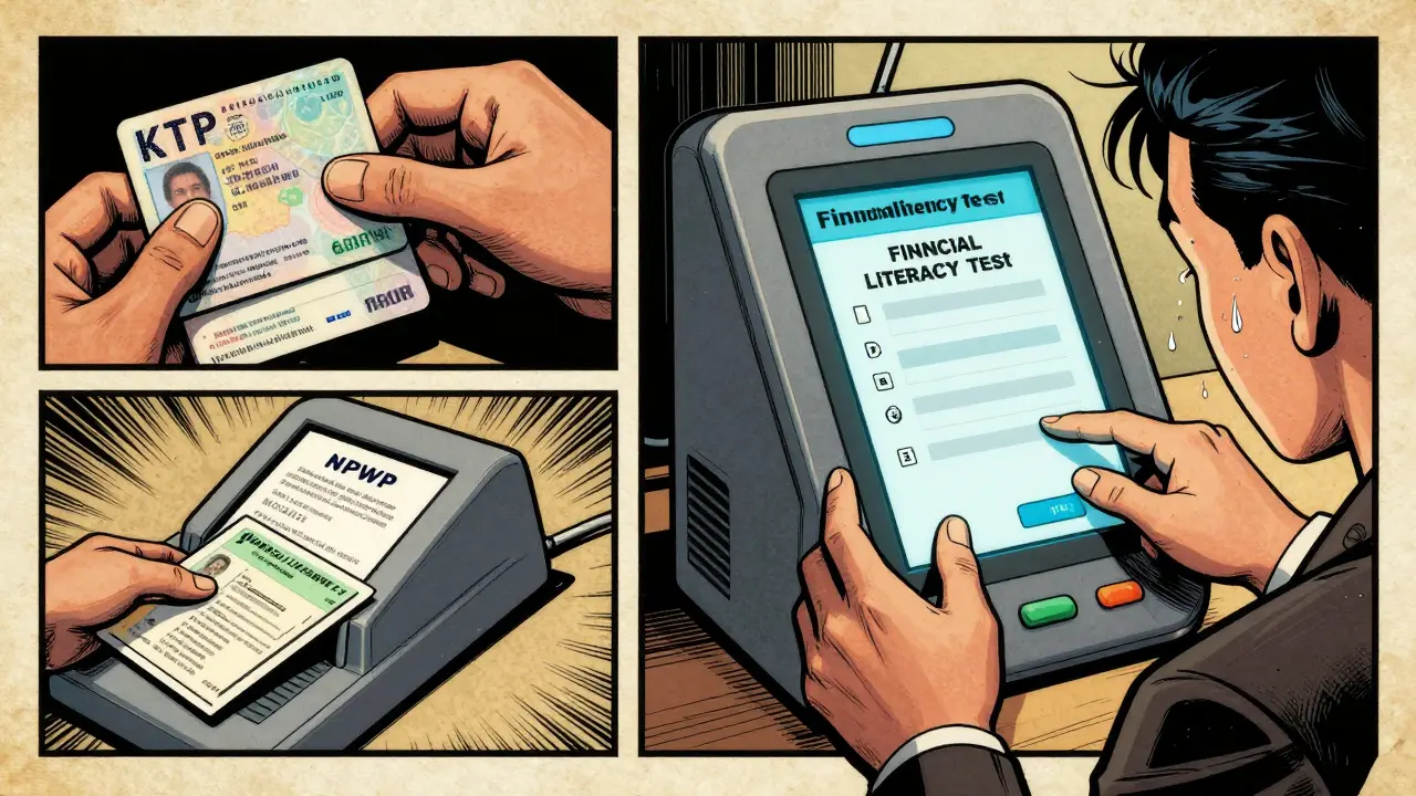 Comic scene of a person completing ID verification and a literacy test for a crypto exchange.