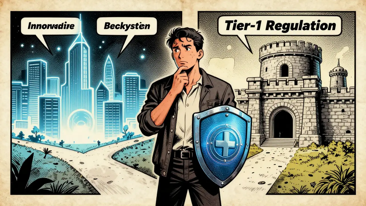 Comic scene of an investor choosing between high-tech innovation and regulatory security.