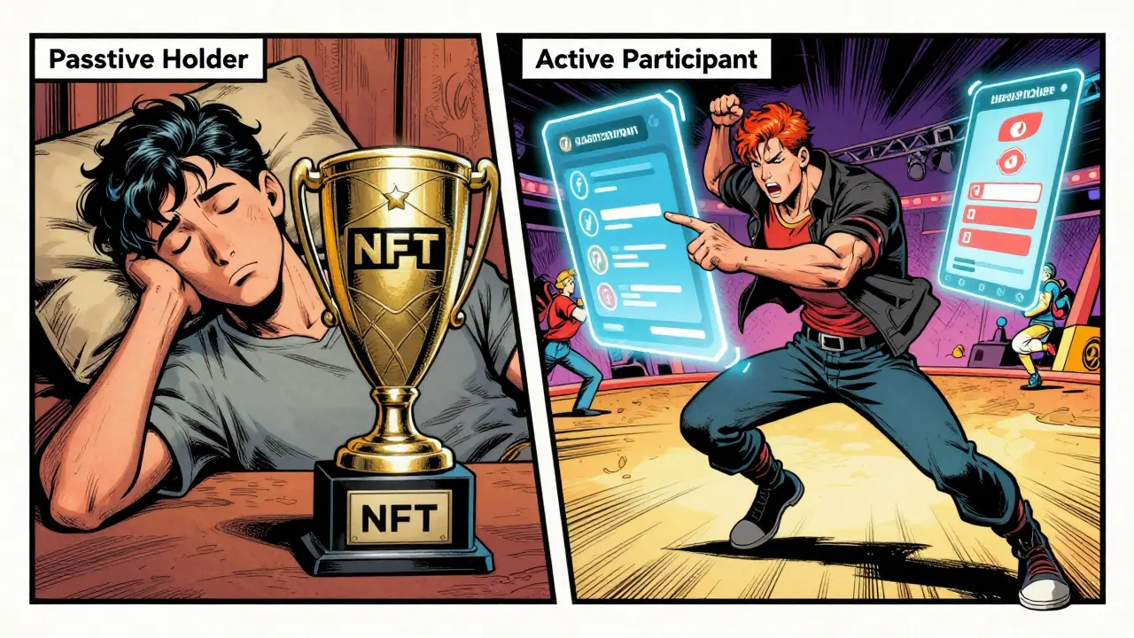 Comic style comparison between a passive NFT holder and an active ecosystem participant.