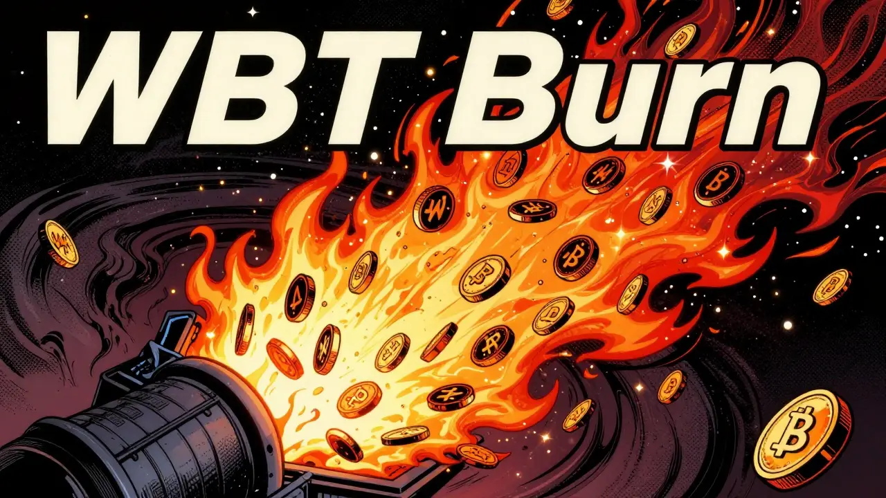 Comic style illustration of WBT tokens being burned in a cosmic digital vortex