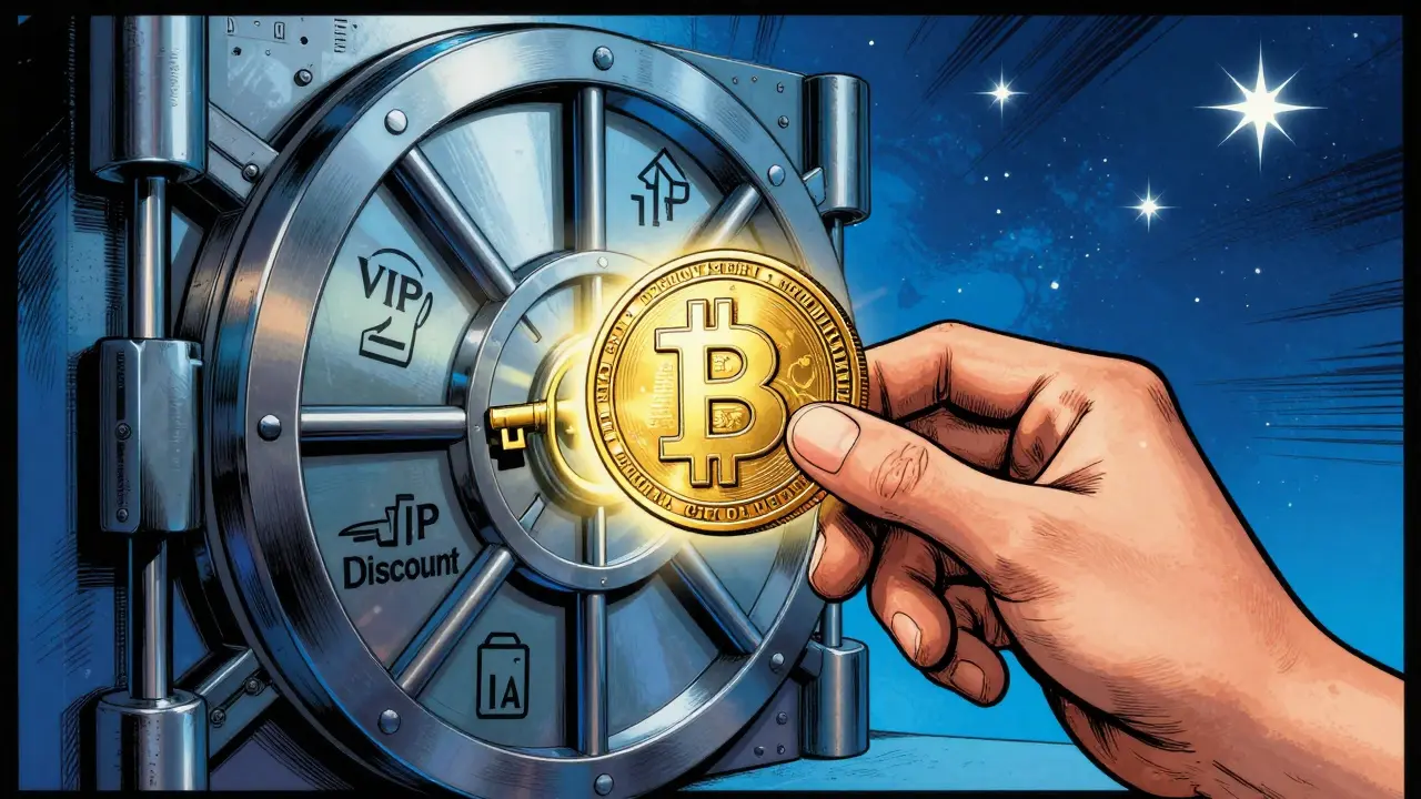 Comic style image of a BIT token acting as a golden key to unlock a futuristic VIP vault.