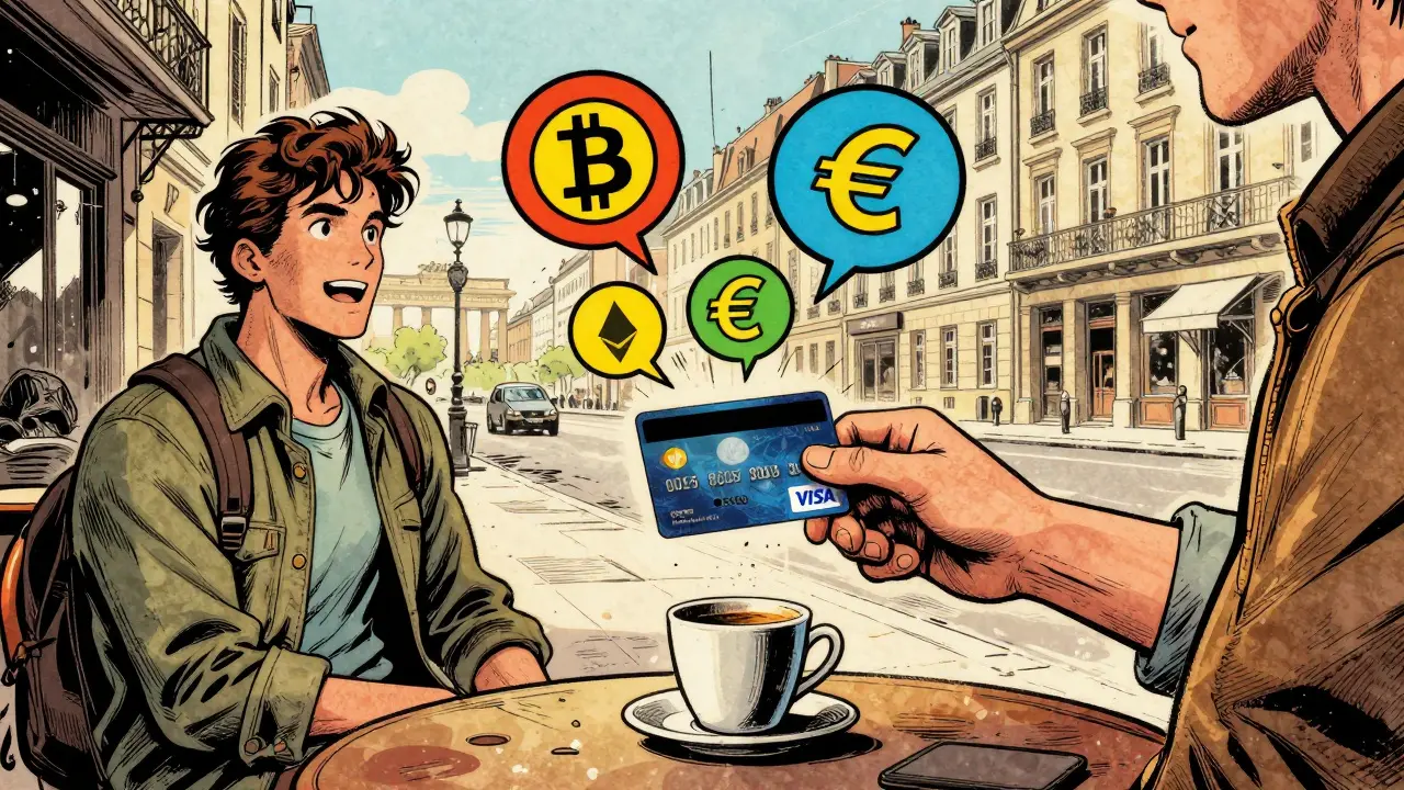 Comic style image of a person using a crypto VISA card to pay for coffee in a city