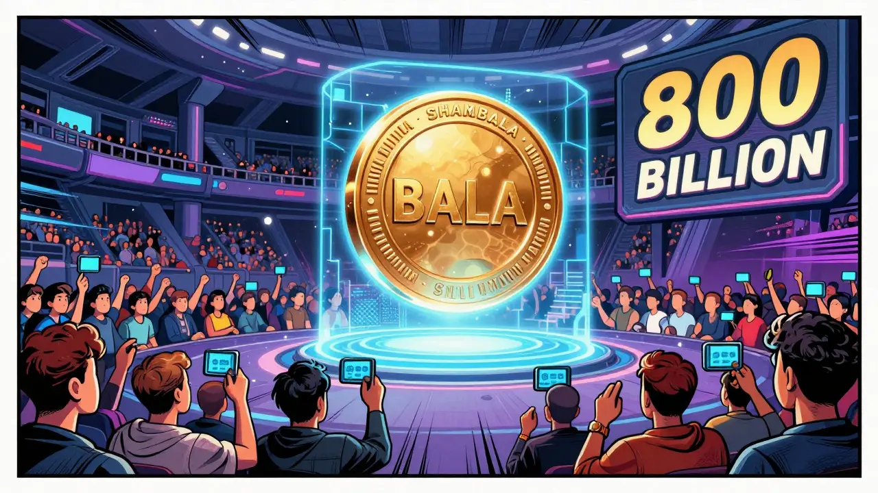 Crowd voting for a giant glowing BALA token in a futuristic comic arena