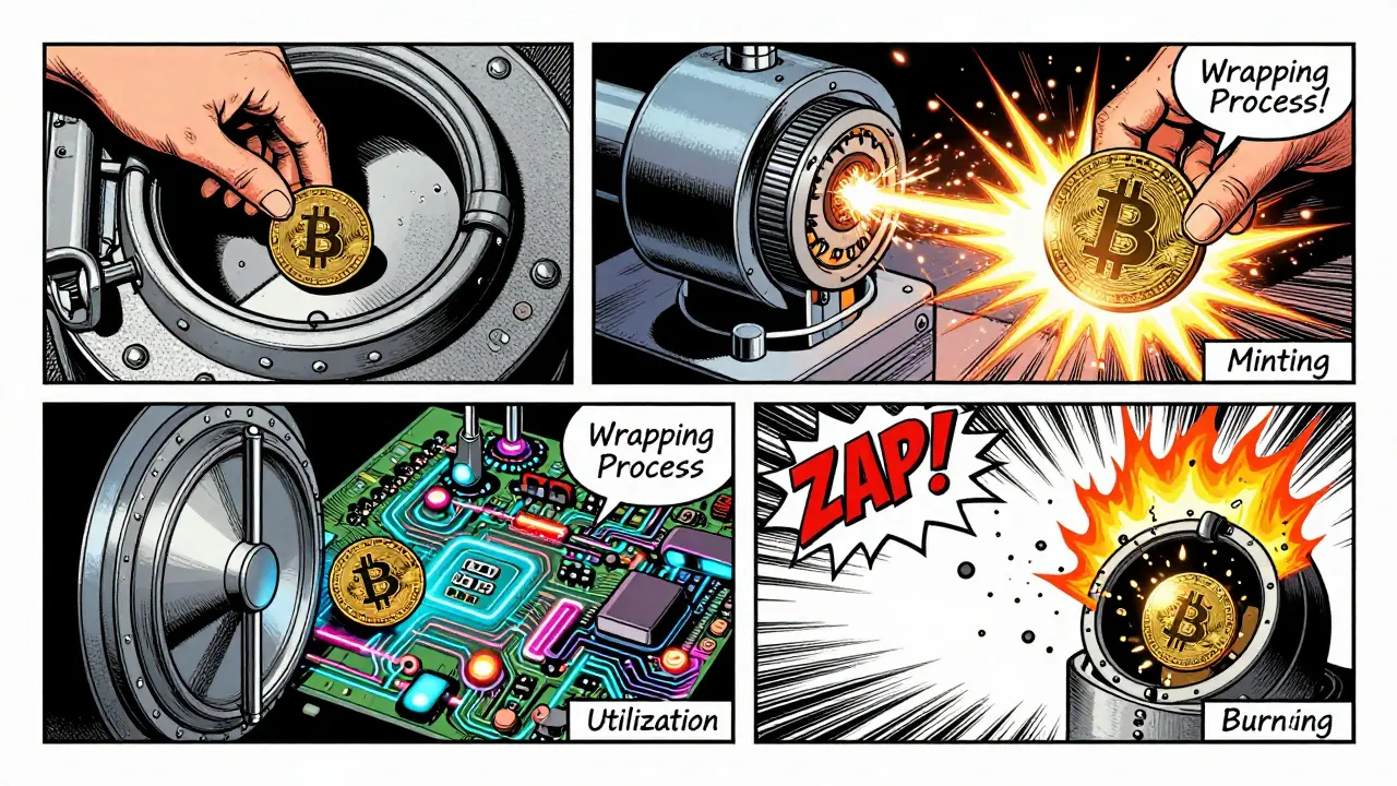 Four-panel comic sequence illustrating the lock, mint, use, and burn process of wrapped tokens.