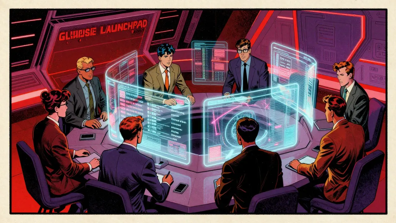 Investors at a futuristic digital launchpad in vintage comic book art