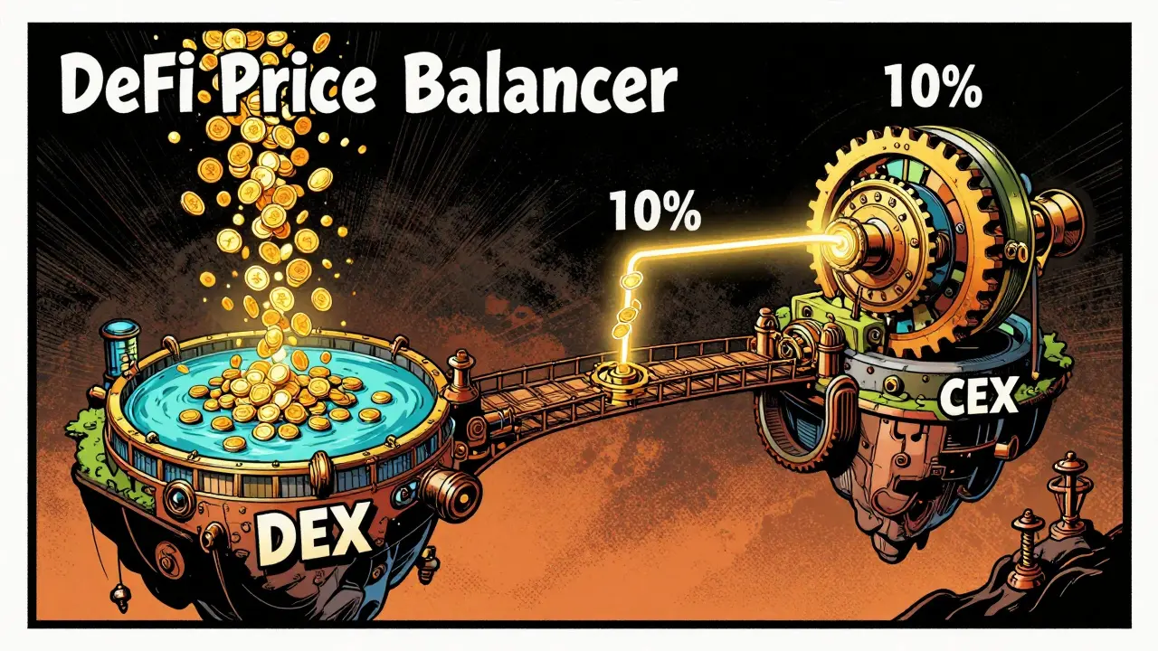 Retro comic illustration of a mechanical bridge balancing tokens between DEX and CEX.