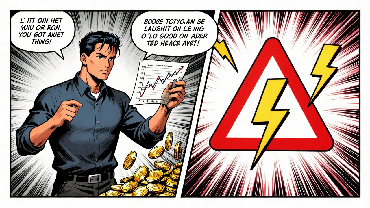 Split scene contrasting crypto profits with risk warning symbols