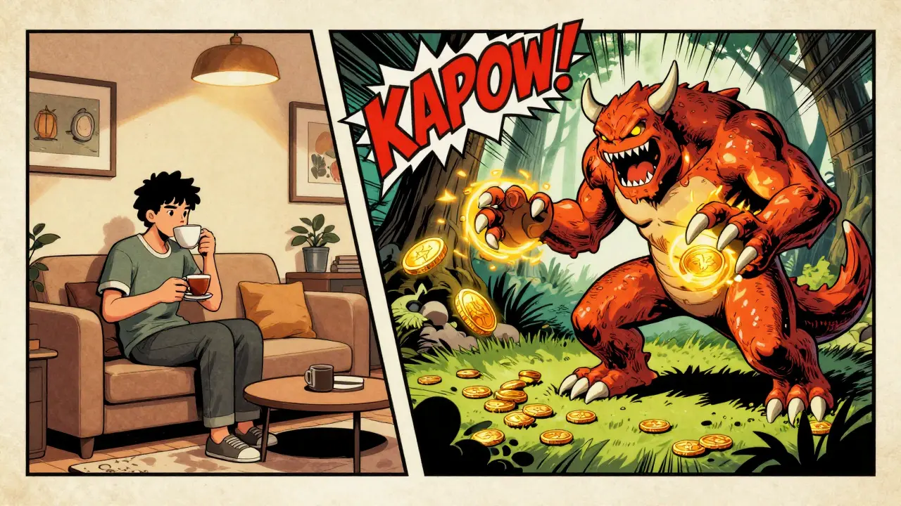Split scene showing a person relaxing while their monster battles and earns rewards in a comic style.