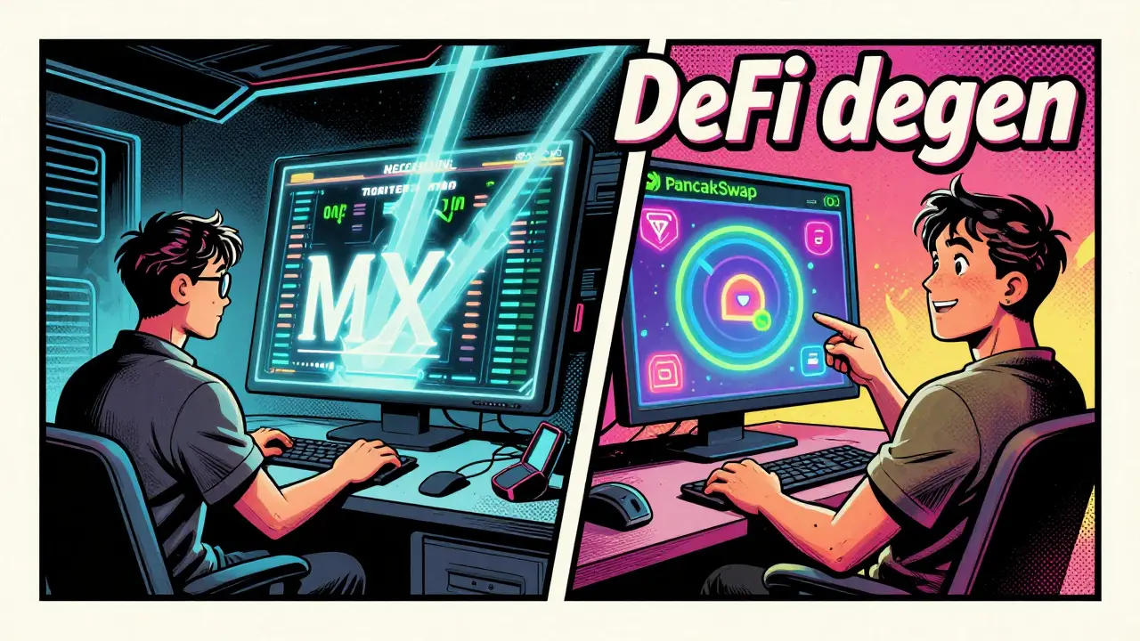 Vintage comic art showing a split screen of a trader staking tokens and a DeFi user on PancakeSwap.