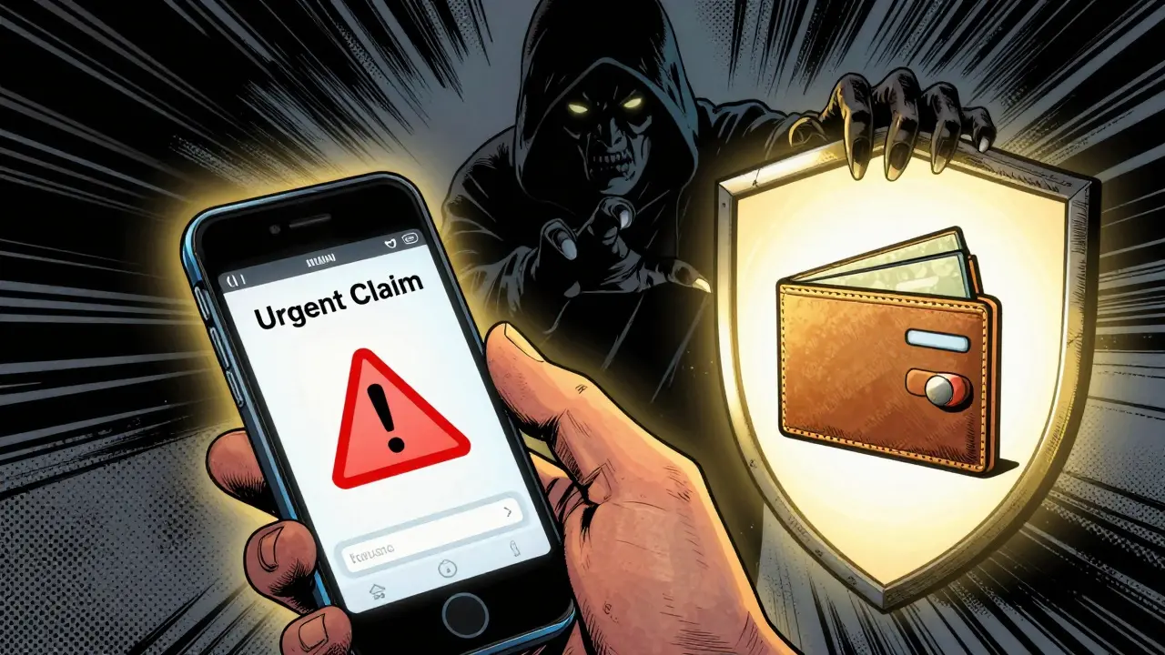 Vintage comic depiction of a phishing scam attempt against a secure digital wallet.