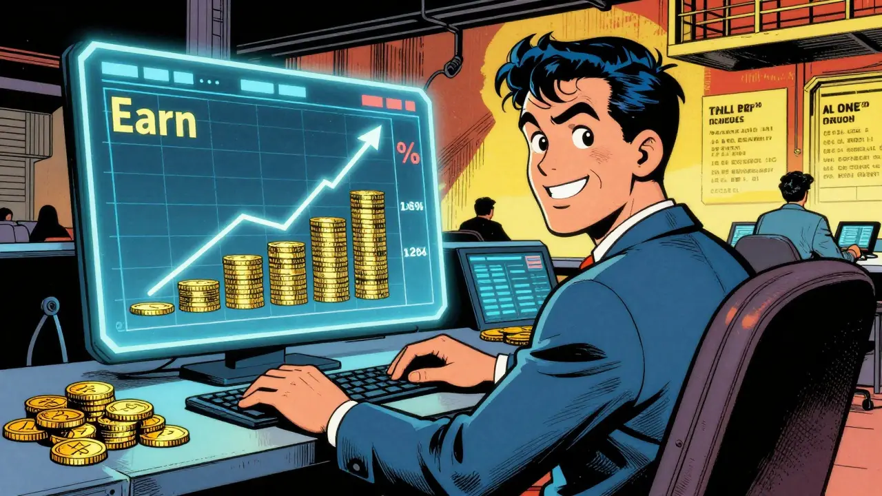 Vintage comic scene of an investor earning passive income from WBT staking