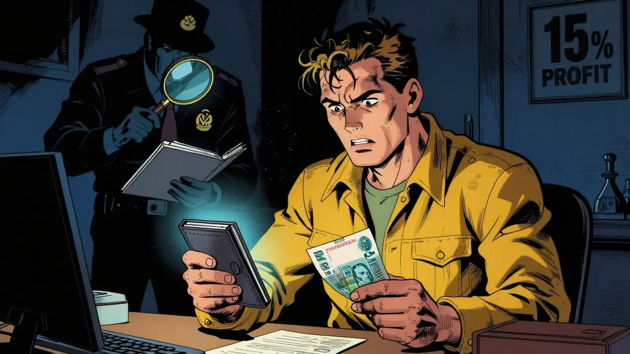Vintage comic style image of a miner choosing between digital cryptocurrency and Russian rubles