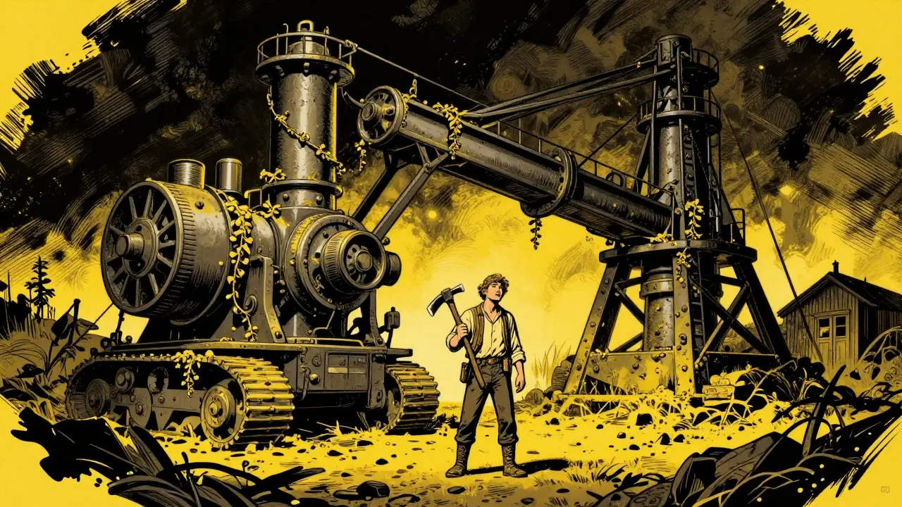 A lonely miner standing before a dusty, abandoned industrial mining machine.