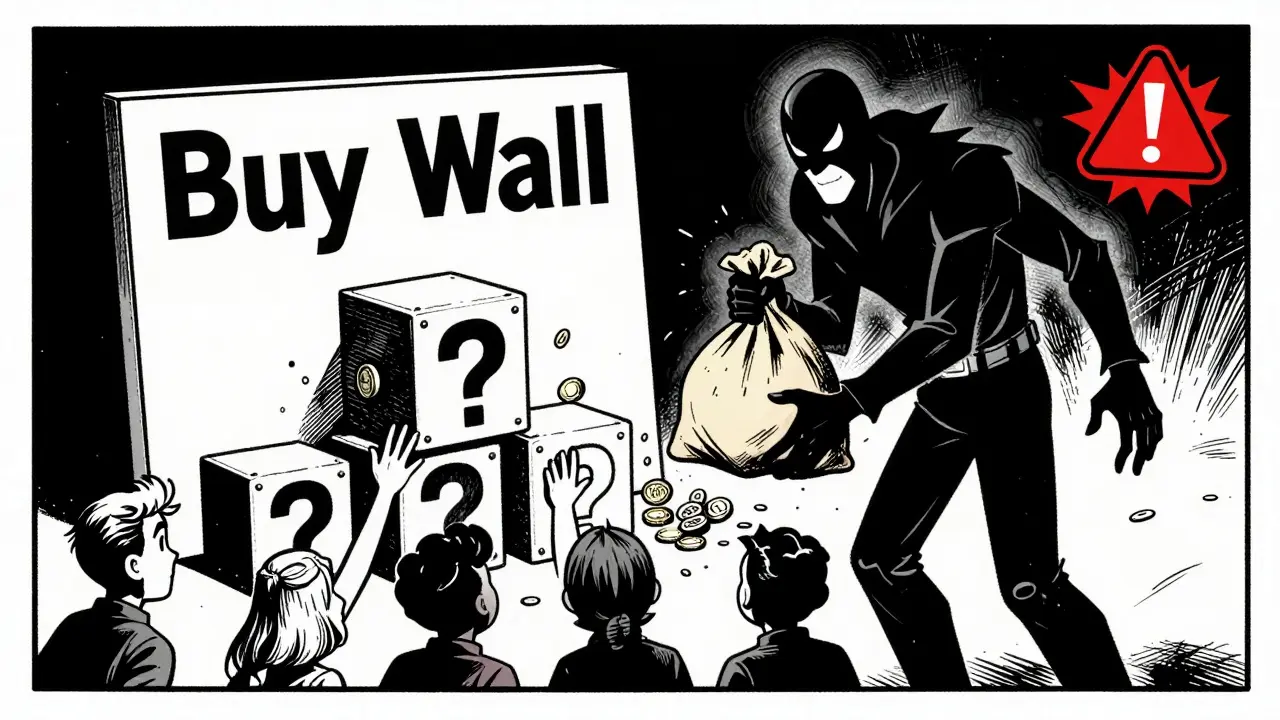 A masked figure faking a buy wall to trap unsuspecting traders in a comic scene.