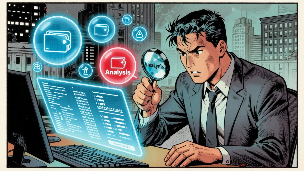 A trader analyzing floating data bubbles to spot large wallet movements.