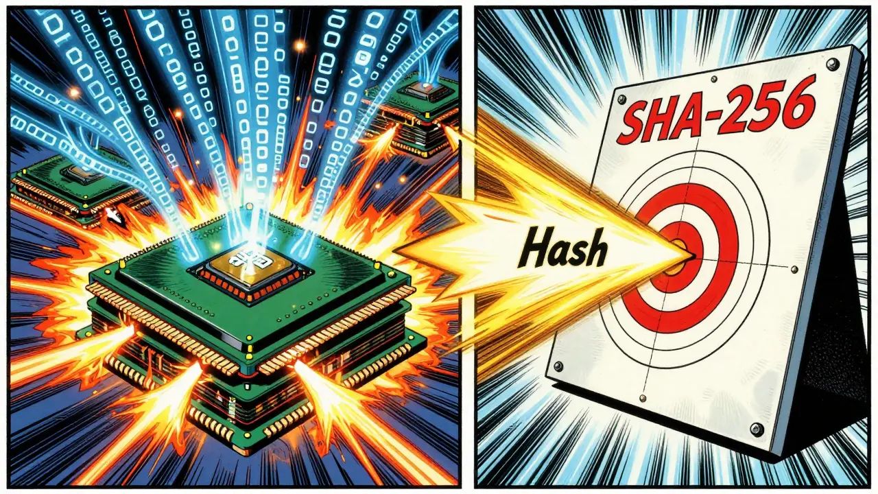 ASIC chips processing data to hit a SHA-256 target in retro comic art