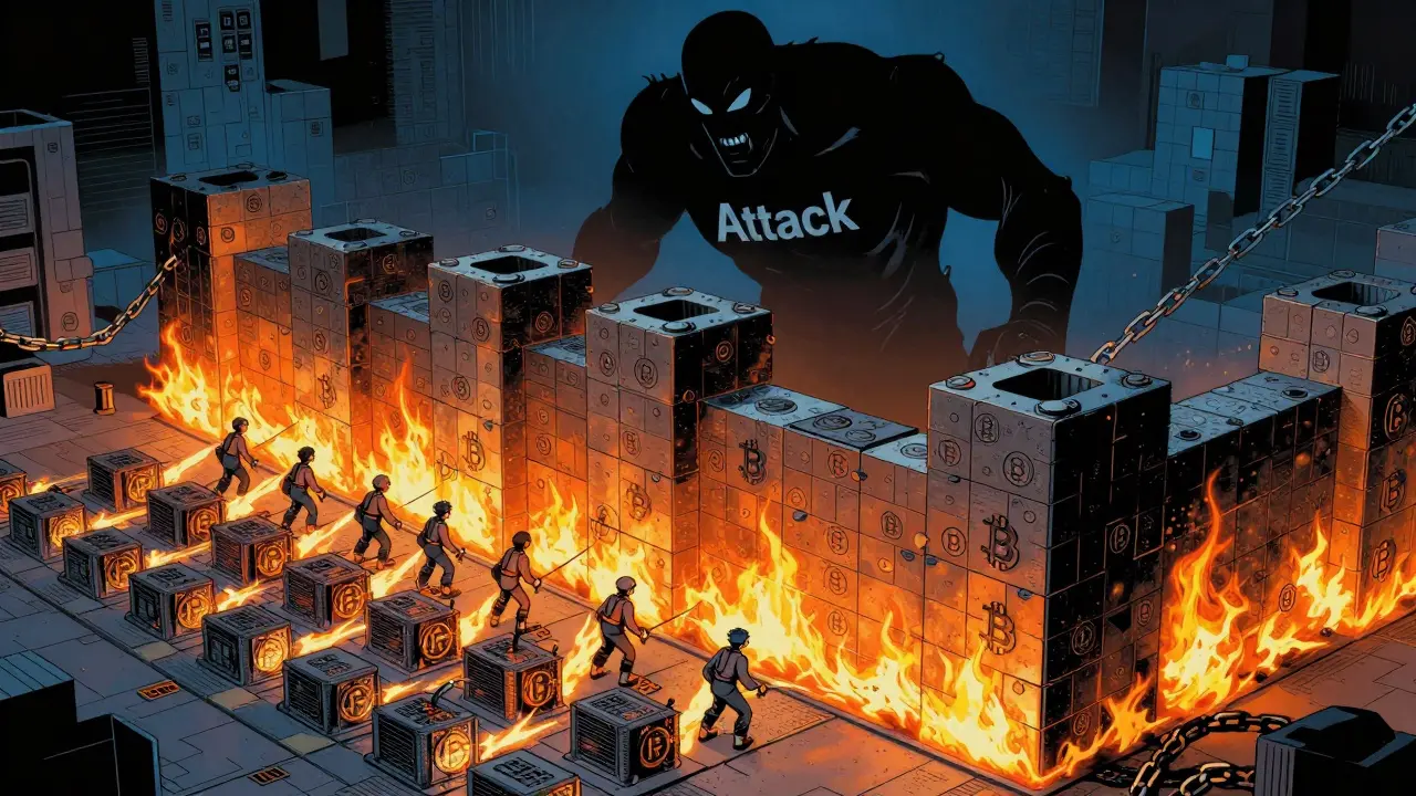 Bitcoin blockchain fortress defended against attacks in vintage comic style