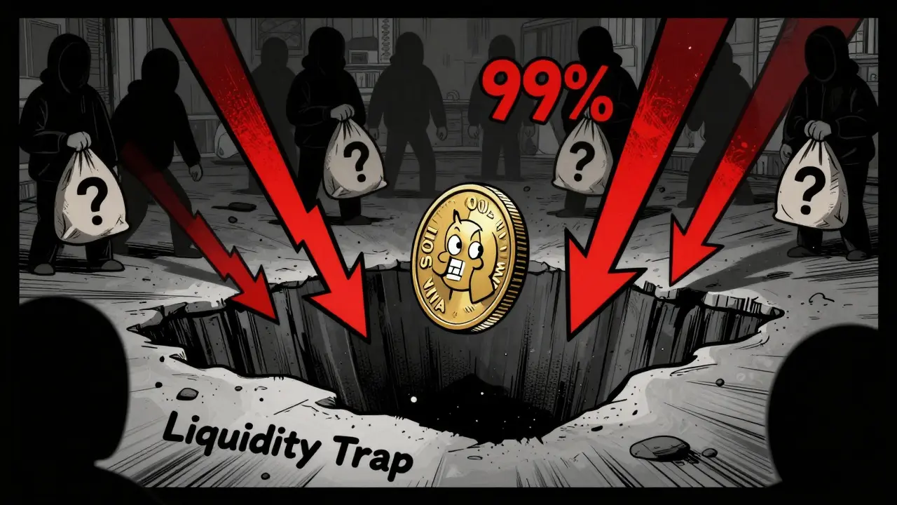 Chaotic comic art showing risky meme coin falling into liquidity trap